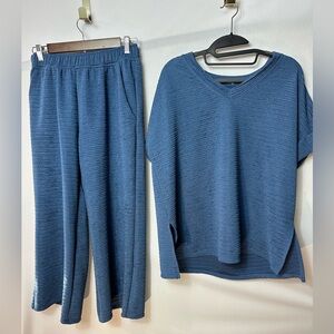 Lovelyn Brand Textured 2-Piece Lounge Set | Wide Leg Pants & V-Neck Top | Blue